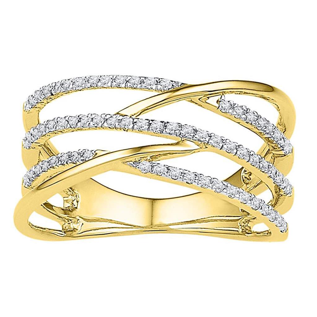 Image of ID 1 10k Yellow Gold Round Diamond Triple Row Openwork Crossover Band Ring 1/3 Cttw
