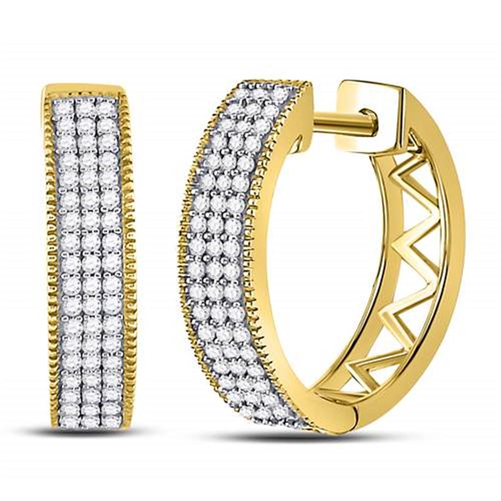 Image of ID 1 10k Yellow Gold Round Diamond Triple Row Pave Hoop Earrings 1/3 Cttw