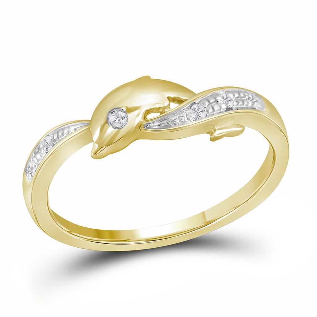Image of ID 1 10k Yellow Gold Round Diamond Two-tone Dolphin Fish Animal Ring 1/20 Cttw