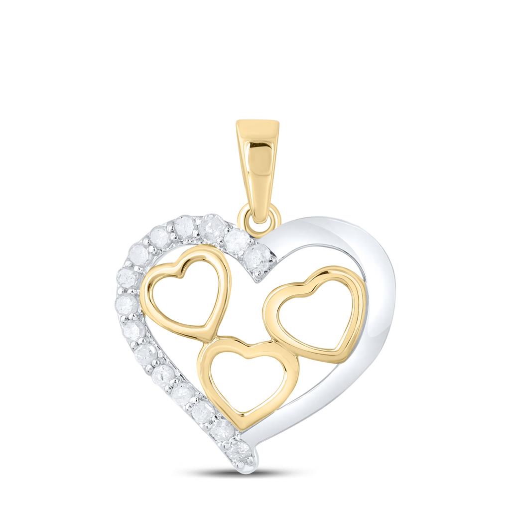 Image of ID 1 10k Yellow Gold Round Diamond Two-tone Nested Heart Pendant 1/5 Cttw