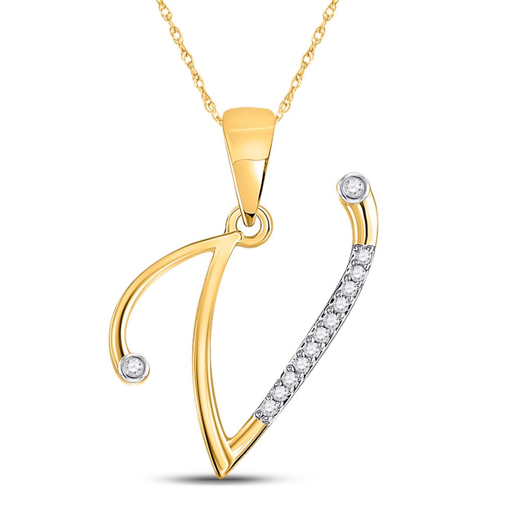 Image of ID 1 10k Yellow Gold Round Diamond V Initial Letter Pendant 1/20 Cttw