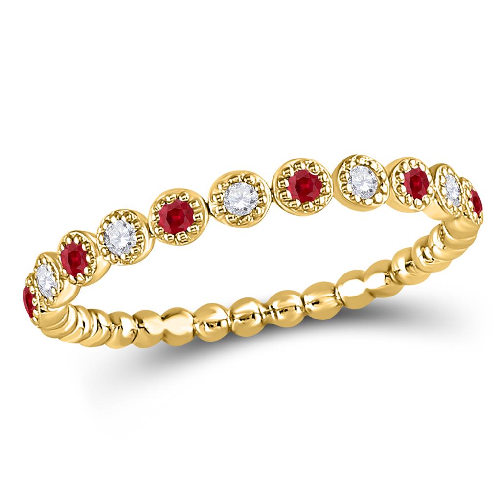 Image of ID 1 10k Yellow Gold Round Ruby Diamond Beaded Dot Stackable Band Ring 1/6 Cttw