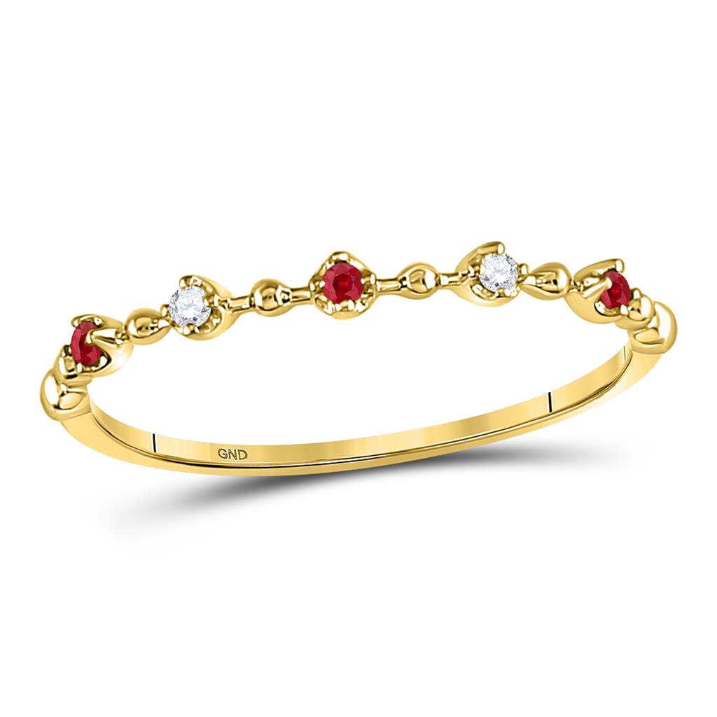 Image of ID 1 10k Yellow Gold Round Ruby Diamond Beaded Stackable Band Ring 1/20 Cttw
