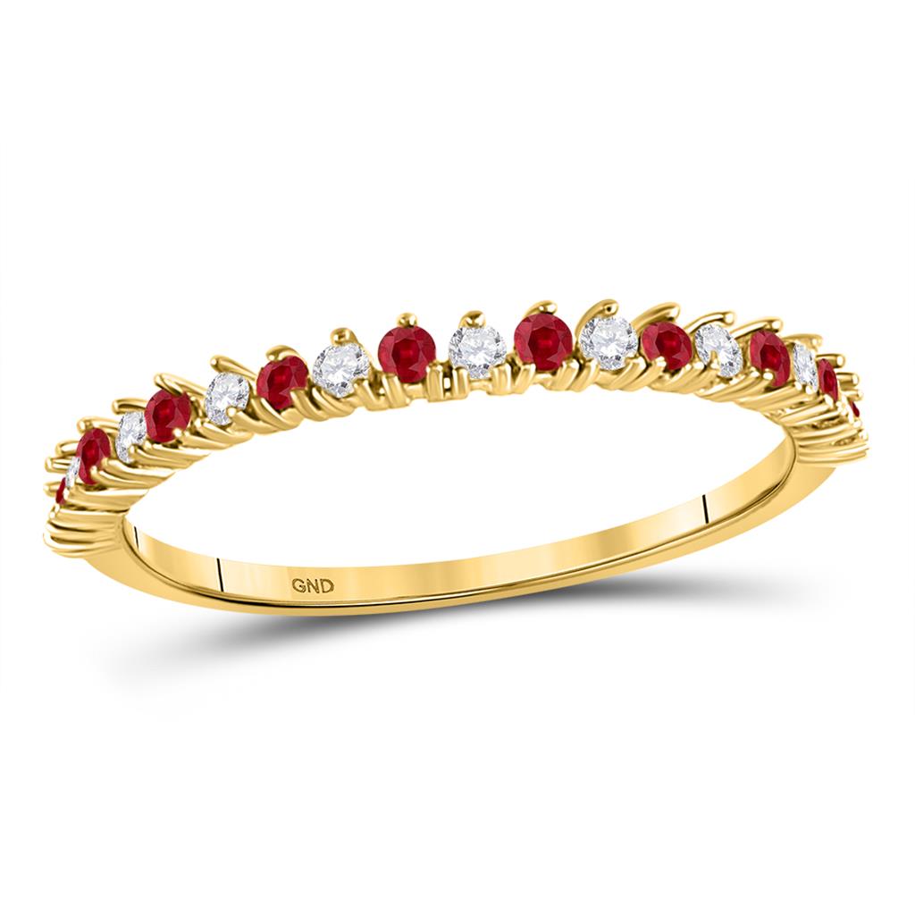 Image of ID 1 10k Yellow Gold Round Ruby Diamond Stackable Band Ring 1/4 Cttw