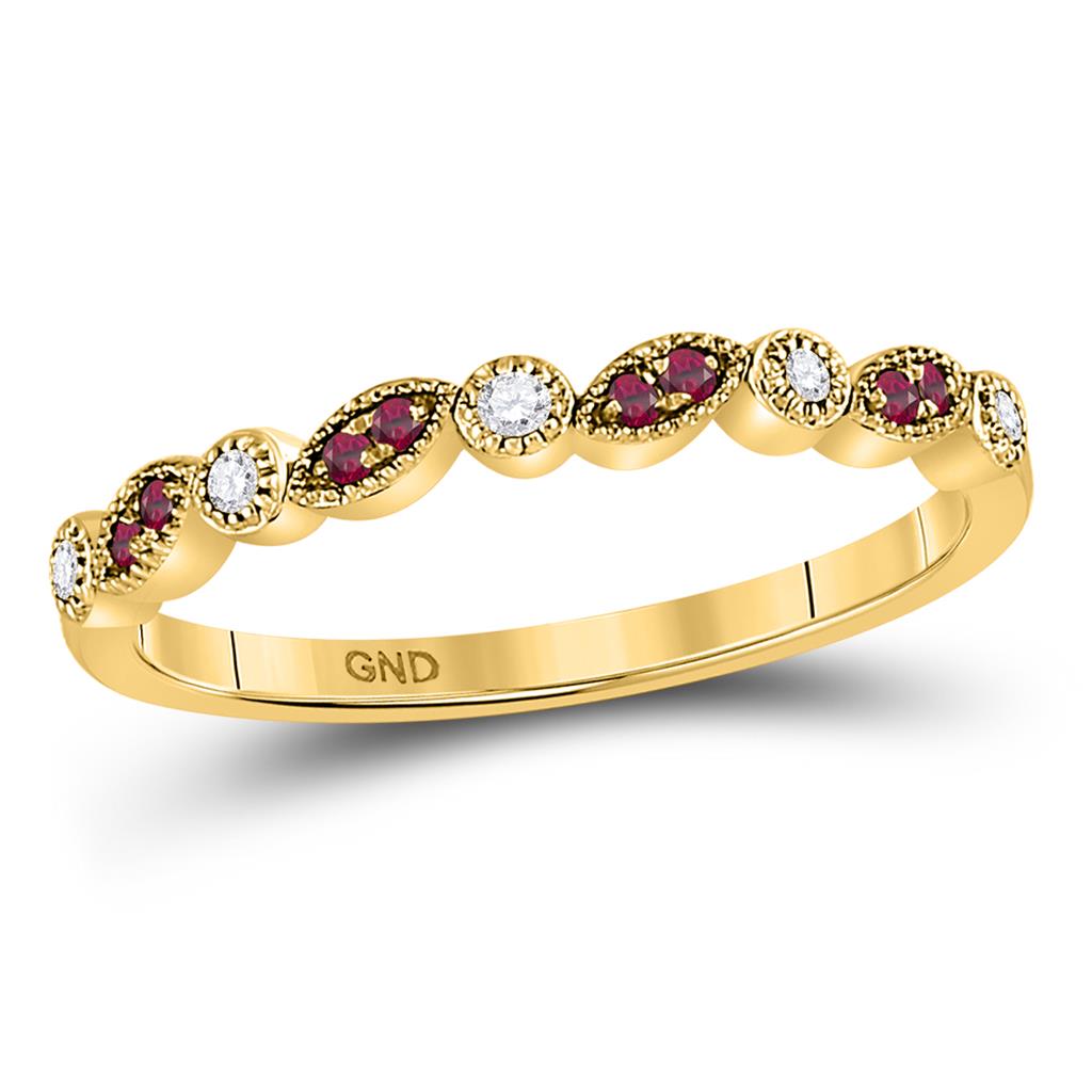 Image of ID 1 10k Yellow Gold Round Ruby Diamond Stackable Band Ring 1/8 Cttw