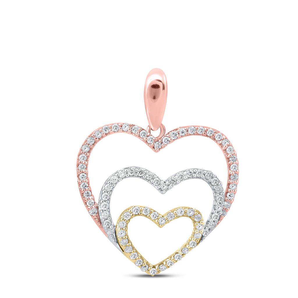 Image of ID 1 10kt Tri-Tone Gold Round Diamond Triple Nested Heart Pendant 1/3 Cttw