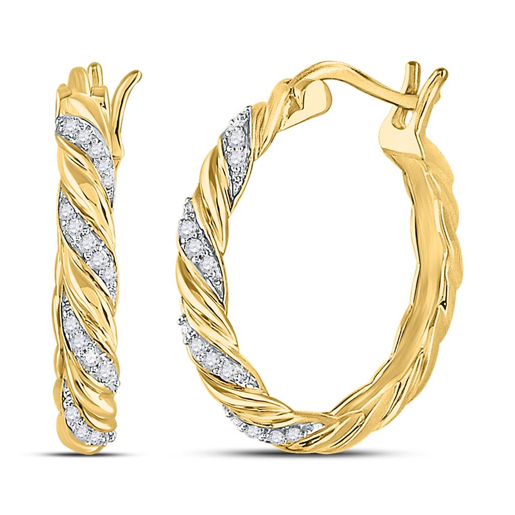 Image of ID 1 10kt Yellow Gold Round Diamond Spiral Stripe Hoop Earrings 1/10 Cttw