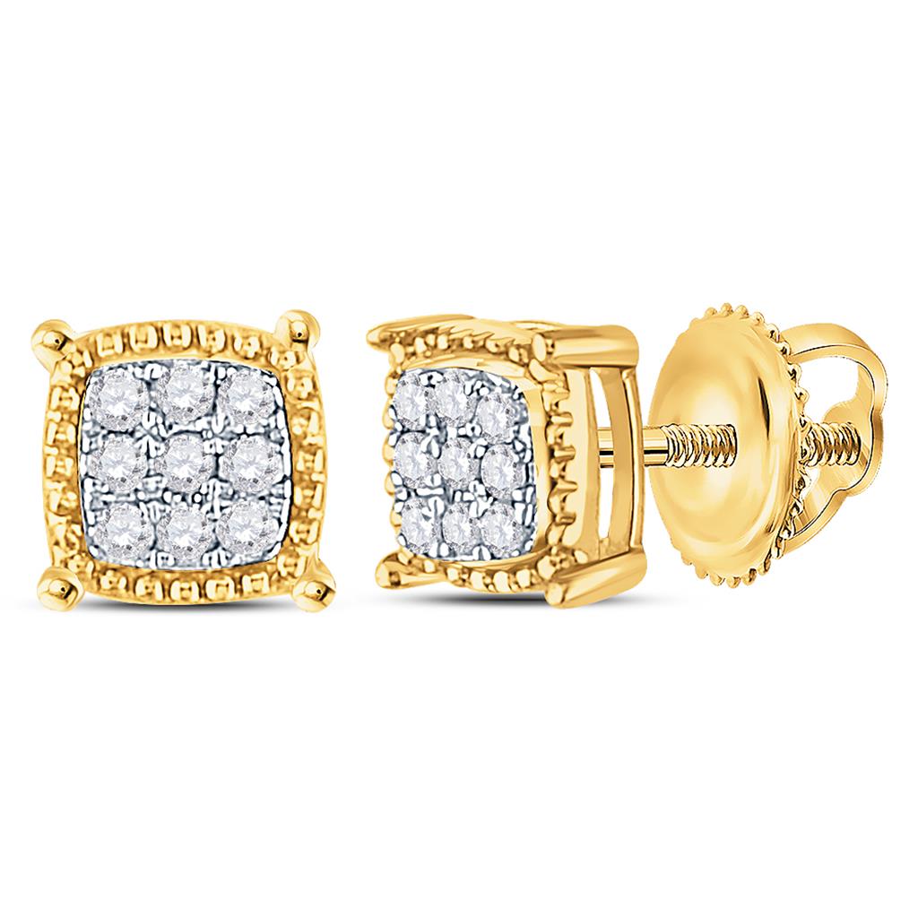 Image of ID 1 10kt Yellow Gold Round Diamond Square Milgrain Cluster Earrings 1/10 Cttw