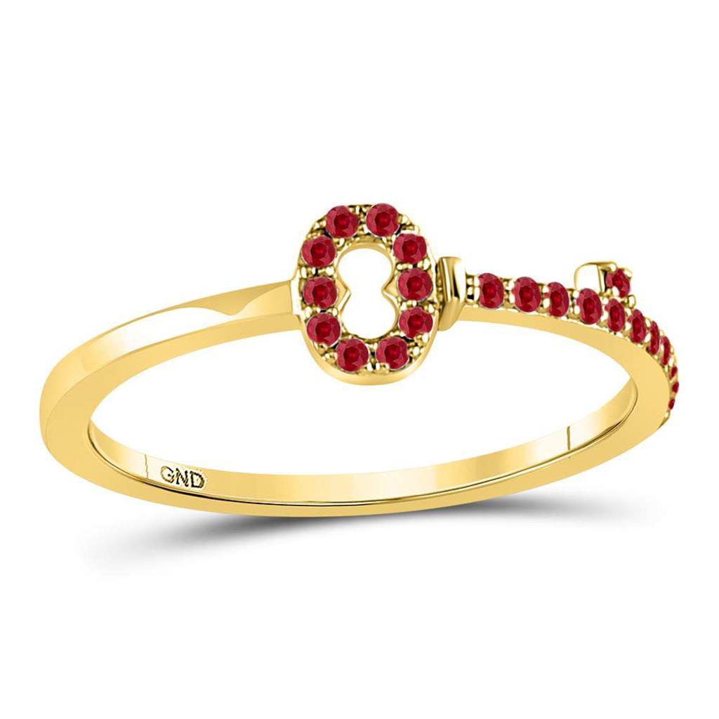 Image of ID 1 10kt Yellow Gold Round Ruby Key Stackable Band Ring 1/5 Cttw