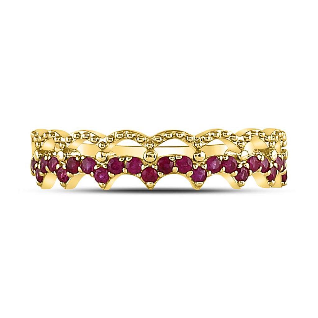 Image of ID 1 10kt Yellow Gold Round Ruby Scalloped Stackable Band Ring 1/4 Cttw
