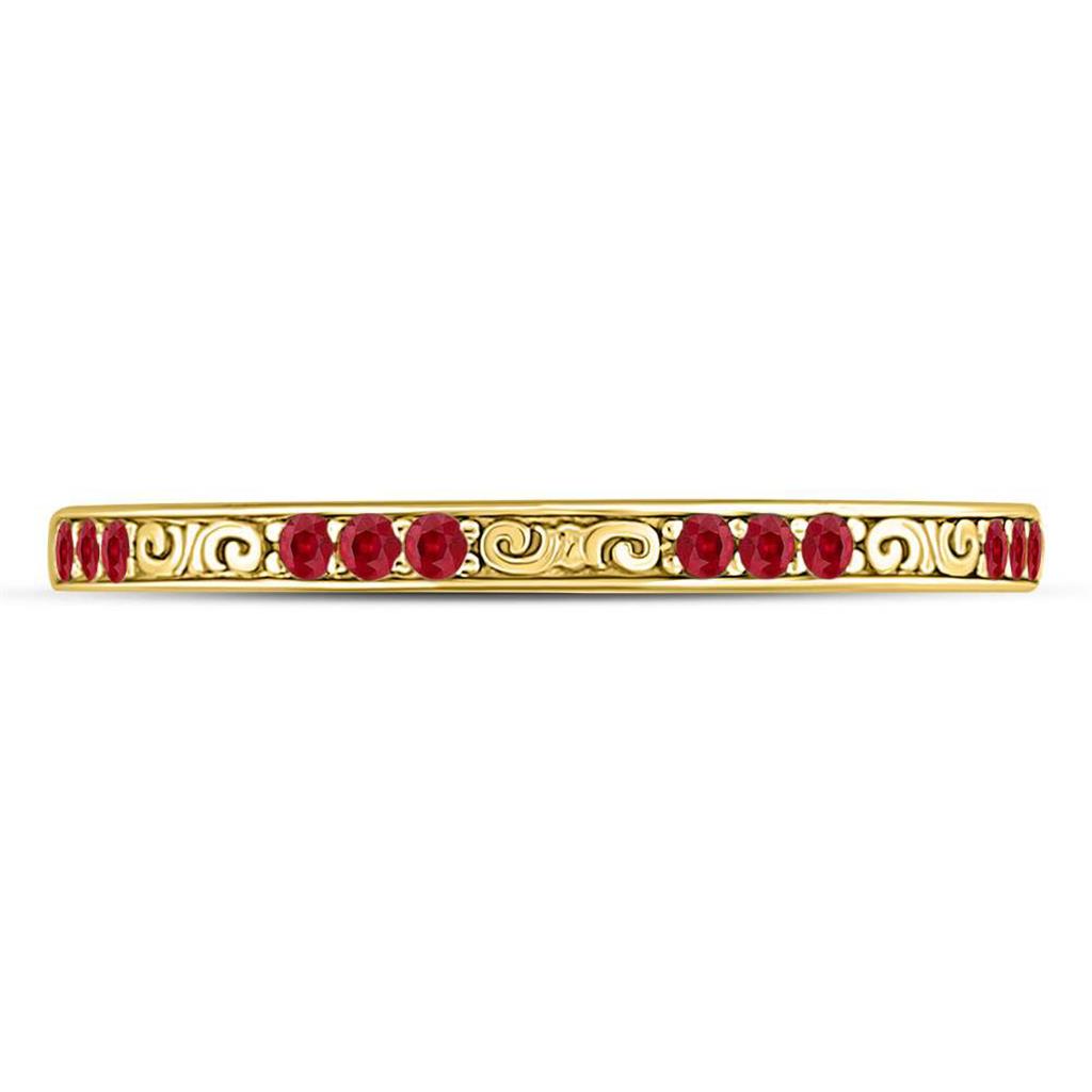 Image of ID 1 10kt Yellow Gold Round Ruby Single Row Flourished Stackable Band Ring 1/8 Cttw
