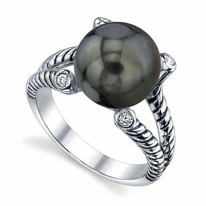 Image of ID 1 110mm Black Cultured Tahitian Pearl and Crystal Ring in Sterling Silver