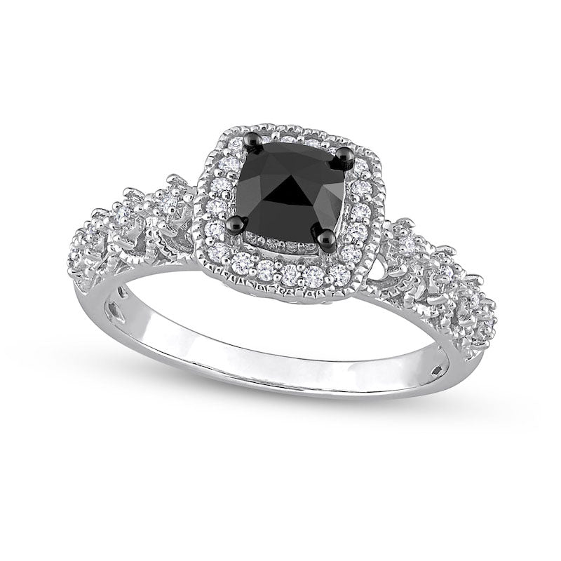 Image of ID 1 113 CT TW Cushion-Cut Black Enhanced and White Natural Diamond Frame Antique Vintage-Style Engagement Ring in Solid 14K White Gold