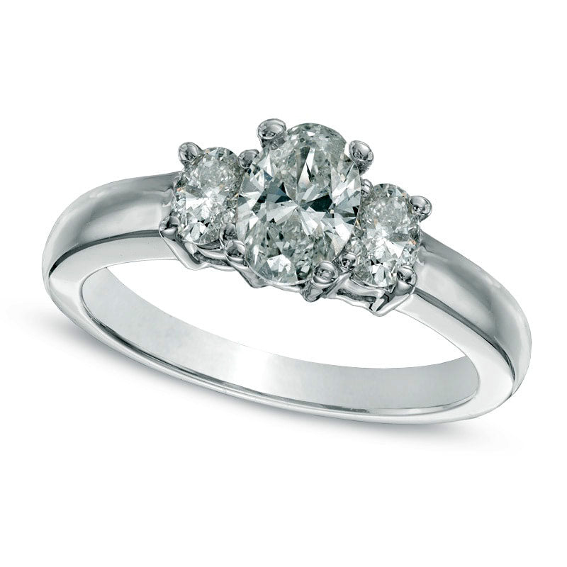 Image of ID 1 113 CT TW Oval Natural Diamond Three Stone Engagement Ring in Solid 14K White Gold
