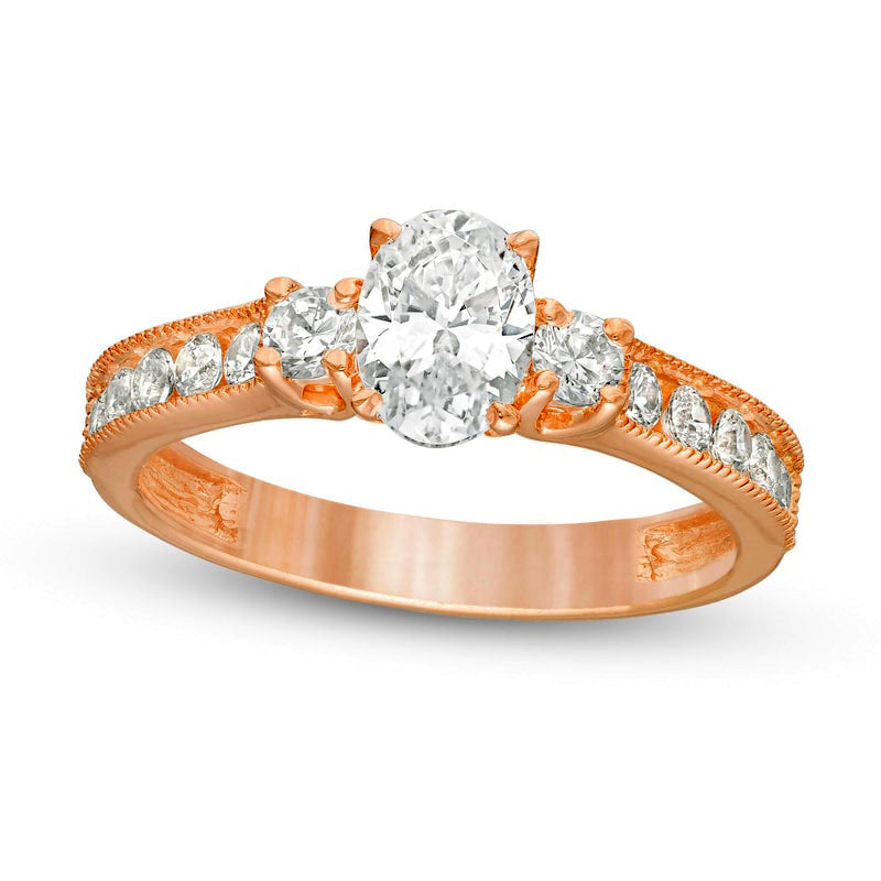 Image of ID 1 117 CT TW Oval and Round Natural Diamond Three Stone Engagement Ring in Solid 14K Rose Gold