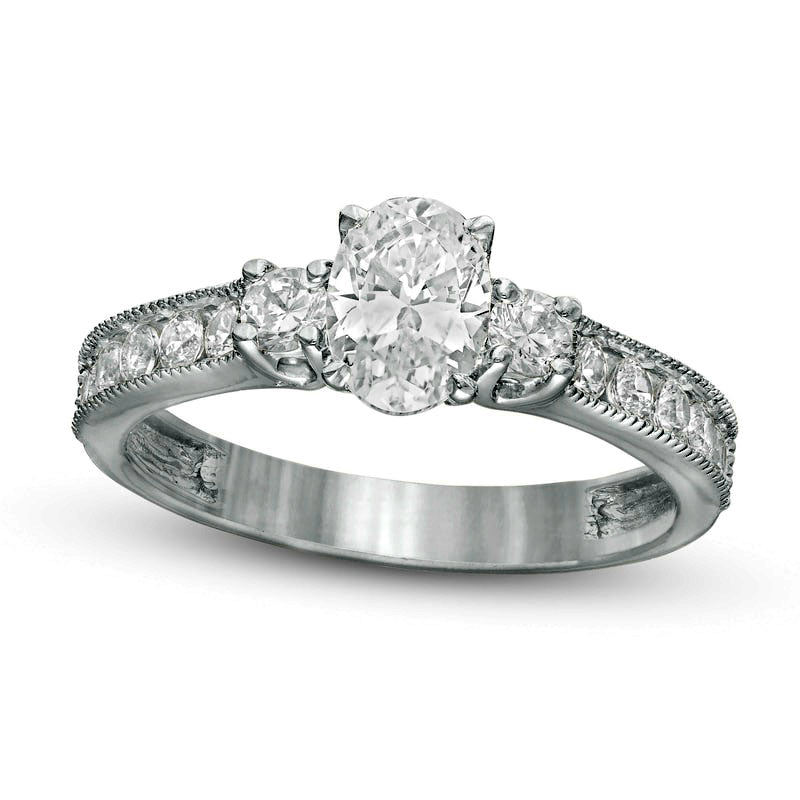 Image of ID 1 117 CT TW Oval and Round Natural Diamond Three Stone Engagement Ring in Solid 14K White Gold
