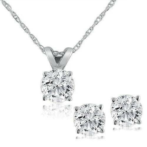 Image of ID 1 1/2 ctw Genuine Diamond Solitaire Necklace & Studs Earrings Set 14K White Gold