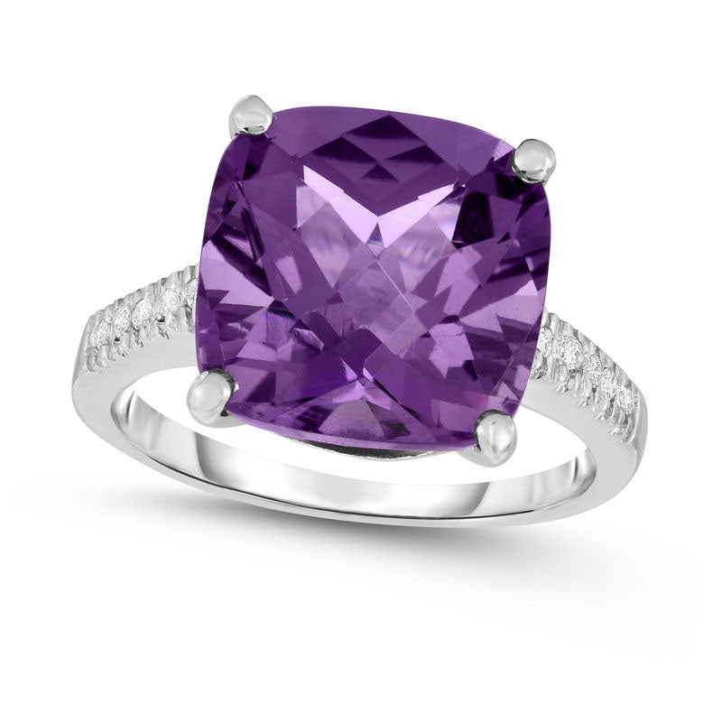 Image of ID 1 120mm Cushion-Cut Amethyst and 007 CT TW Natural Diamond Ring in Solid 14K White Gold