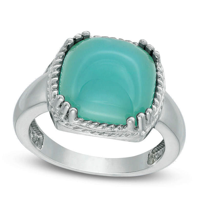 Image of ID 1 120mm Cushion-Cut Blue Chalcedony Cabochon Rope Frame Ring in Sterling Silver