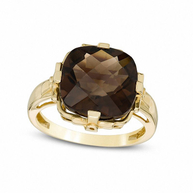 Image of ID 1 120mm Cushion-Cut Smoky Quartz Ring in Solid 10K Yellow Gold