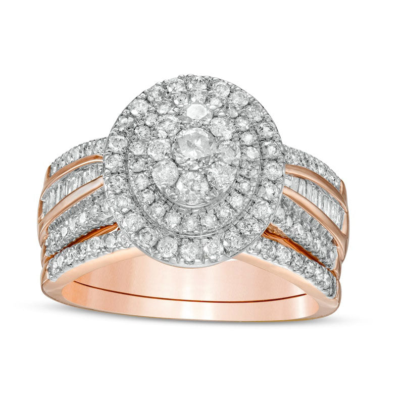 Image of ID 1 125 CT TW Composite Baguette and Round Natural Diamond Double Oval-Shape Frame Bridal Engagement Ring Set in Solid 10K Rose Gold