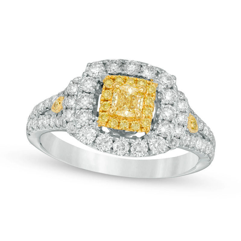 Image of ID 1 125 CT TW Cushion-Cut Yellow and White Natural Diamond Double Frame Collar Engagement Ring in Solid 14K Two Tone Gold - Size 7