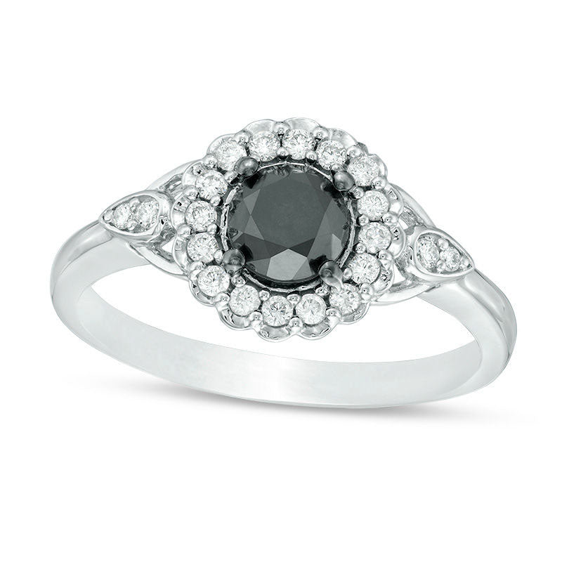 Image of ID 1 125 CT TW Enhanced Black and White Natural Diamond Scallop Frame Engagement Ring in Solid 14K White Gold