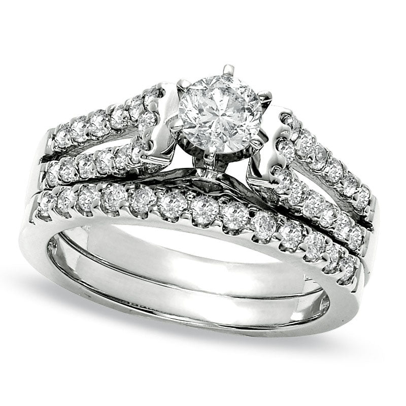 Image of ID 1 125 CT TW Natural Diamond Split Shank Bridal Engagement Ring Set in Solid 14K White Gold