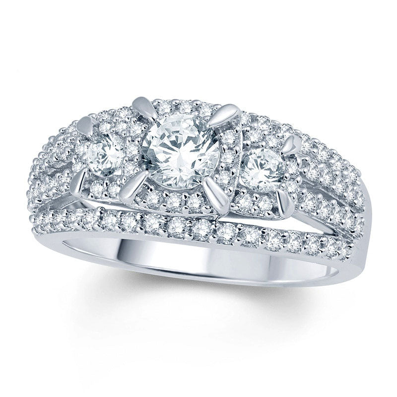 Image of ID 1 125 CT TW Natural Diamond Three Stone Frame Multi-Row Engagement Ring in Solid 14K White Gold