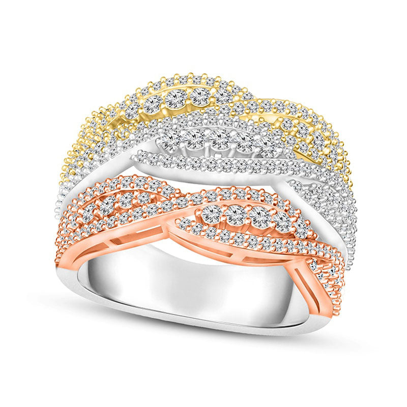 Image of ID 1 125 CT TW Natural Diamond Triple Row Braid Ring in Solid 10K Tri-Tone Gold