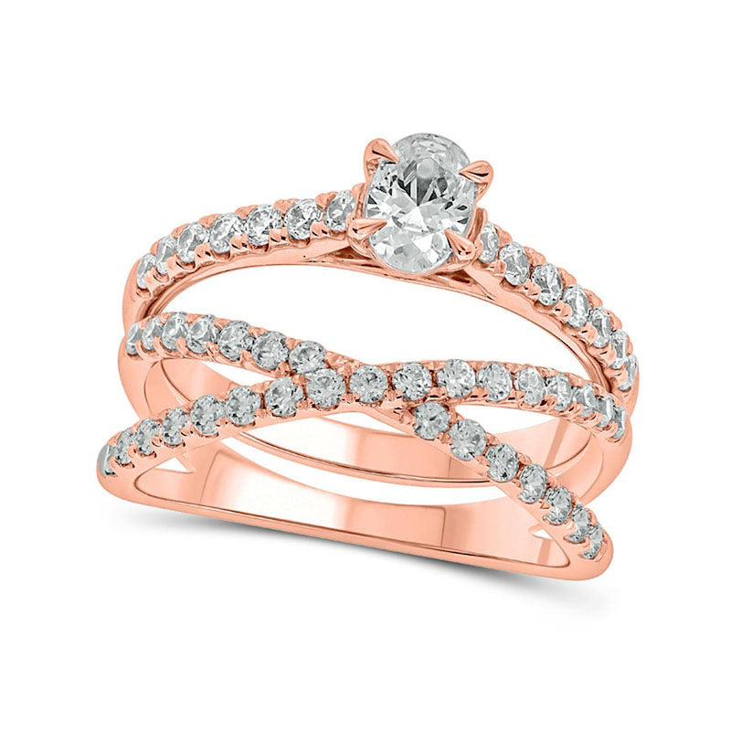 Image of ID 1 125 CT TW Oval Natural Diamond Crossover Bridal Engagement Ring Set in Solid 10K Rose Gold