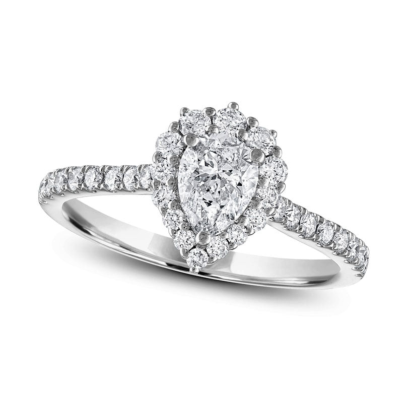 Image of ID 1 125 CT TW Pear-Shaped Natural Diamond Graduated Frame Engagement Ring in Solid 14K White Gold