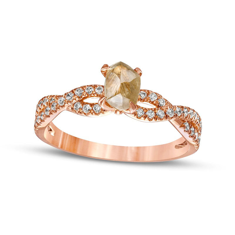 Image of ID 1 125 CT TW Rough-Cut Champagne and White Natural Diamond Twist Shank Engagement Ring in Solid 14K Rose Gold