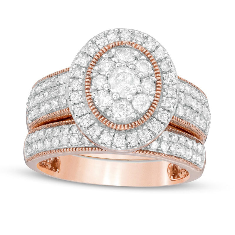 Image of ID 1 133 CT TW Composite Oval Natural Diamond Frame Antique Vintage-Style Multi-Row Bridal Engagement Ring Set in Solid 10K Rose Gold