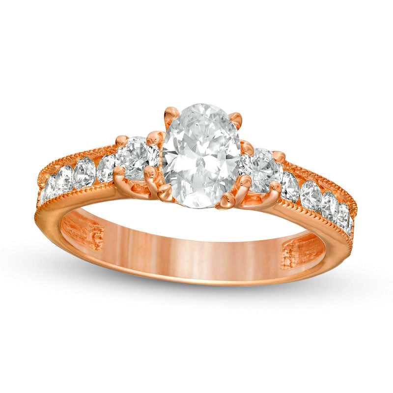 Image of ID 1 133 CT TW Oval and Round Natural Diamond Three Stone Engagement Ring in Solid 14K Rose Gold