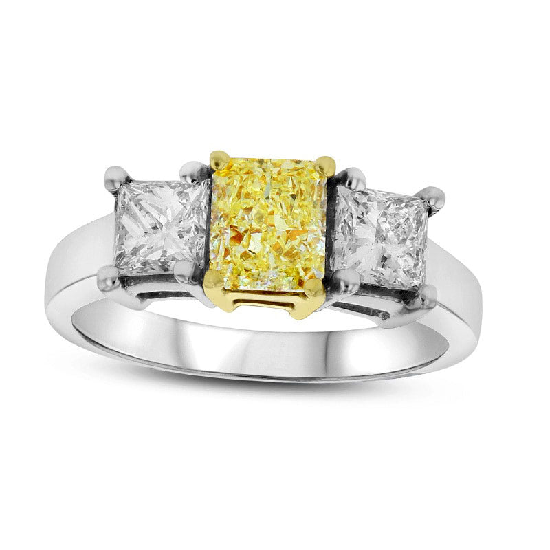 Image of ID 1 138 CT TW Fancy Yellow and White Radiant-Cut Natural Diamond Three Stone Ring in Solid 18K Two-Tone Gold (SI1)