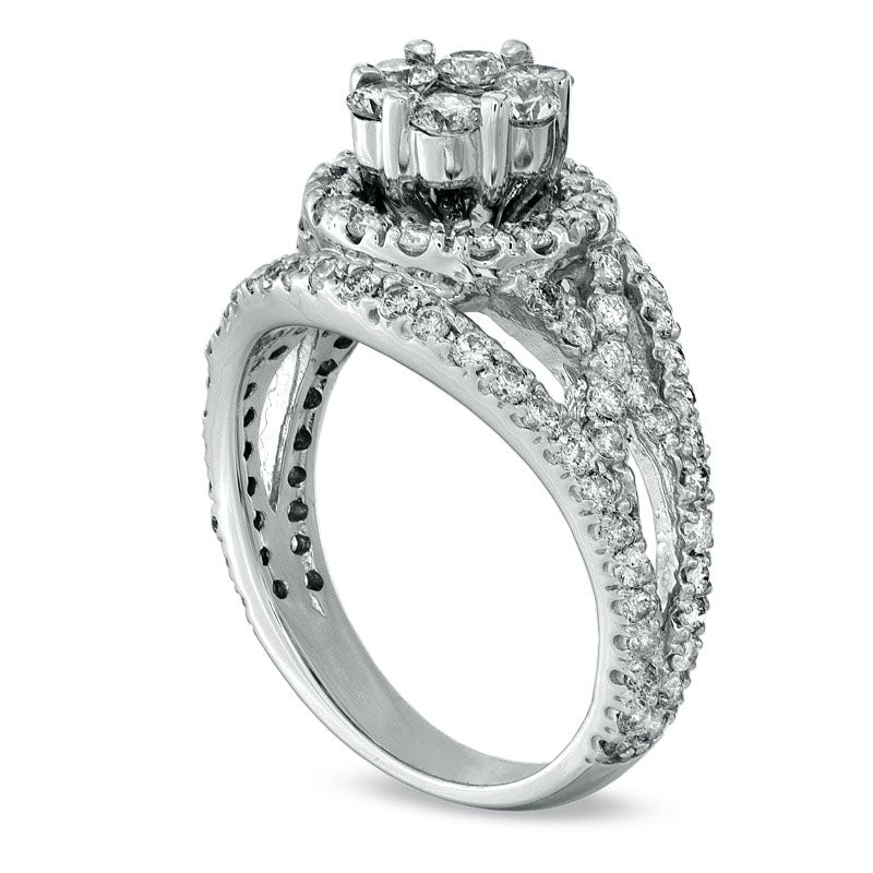 Image of ID 1 138 CT TW Natural Diamond Cluster Split Shank Engagement Ring in Solid 14K White Gold