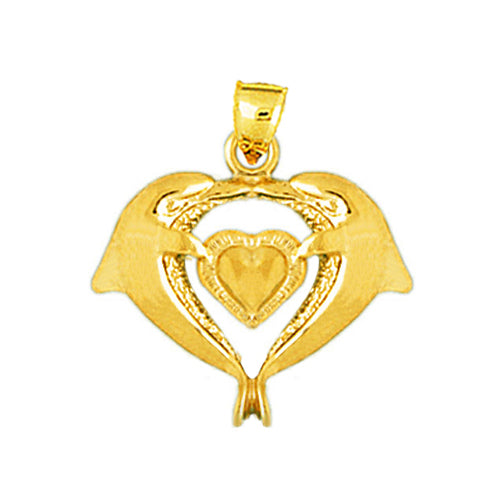 Image of ID 1 14K Gold 18MM Dolphins Heart Pendant