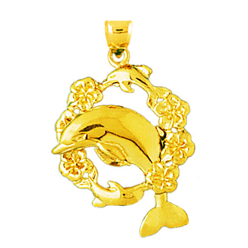 Image of ID 1 14K Gold Dolphin Jumping Through Hibiscus Pendant