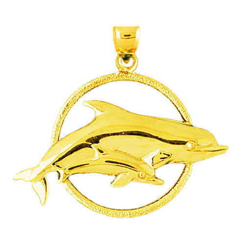 Image of ID 1 14K Gold Dolphin and Calf Jumping Through Hoop Pendant