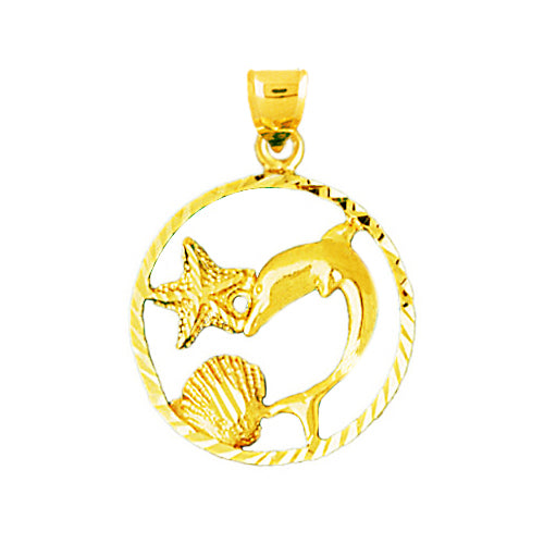 Image of ID 1 14K Gold Dolphin with Seashell and Starfish Pendant