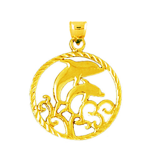 Image of ID 1 14K Gold Dolphins with Waves Encircled Pendant