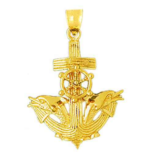 Image of ID 1 14K Gold Moveable Wheel Dolphins and Anchor Pendant