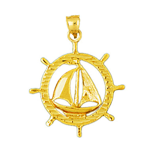 Image of ID 1 14K Gold Sailboat In Ship Wheel Pendant