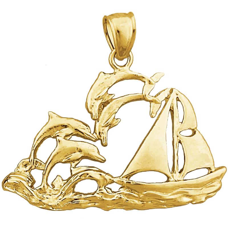 Image of ID 1 14K Gold Sailboat and Dolphins Pendant