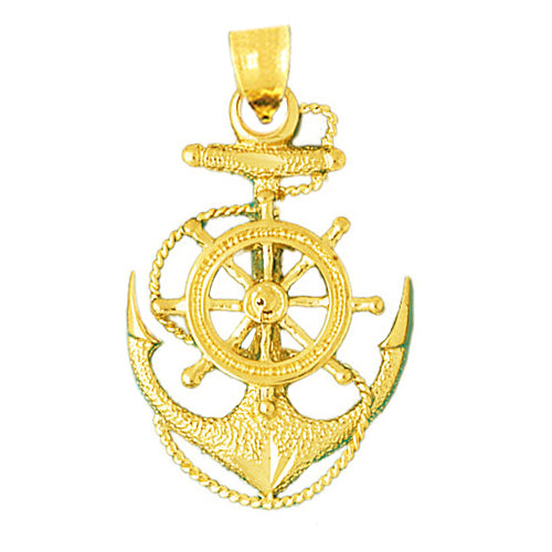 Image of ID 1 14K Gold Ship Wheel Rope and Anchor Pendant