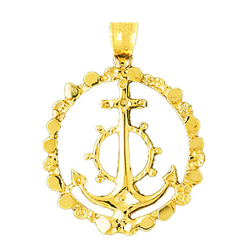 Image of ID 1 14K Gold Ship Wheel and Anchor Pendant Encircled