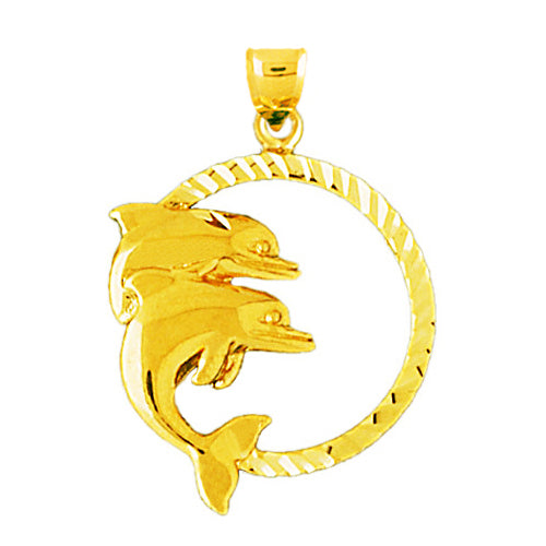 Image of ID 1 14K Gold Two Dolphins Circle Pendant