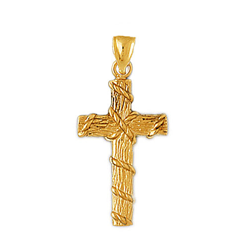 Image of ID 1 14K Gold Woodgrain Cross with Rope Pendant