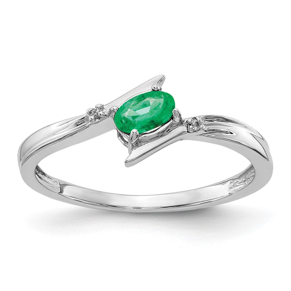 Image of ID 1 14K White Gold Polished Oval Real Diamond Emerald Bypass Ring